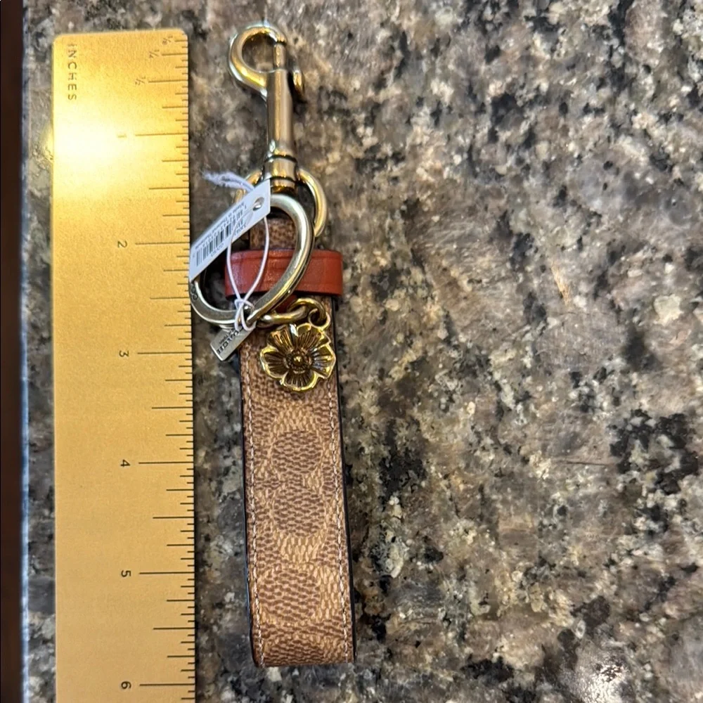 Coach Signature Charm Loop keychain key ring fob Brown and Gold tea rose NWT